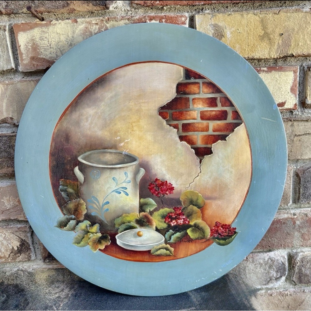 Hand Painted Wood Bois Serving Tray Rustic Country Farm Decor French Blue Vtg